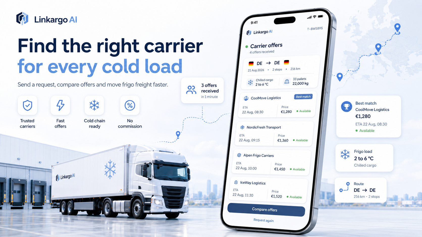 Post a food or frigo load and vetted carriers send you offers to compare, with prices, ETAs and the best match.