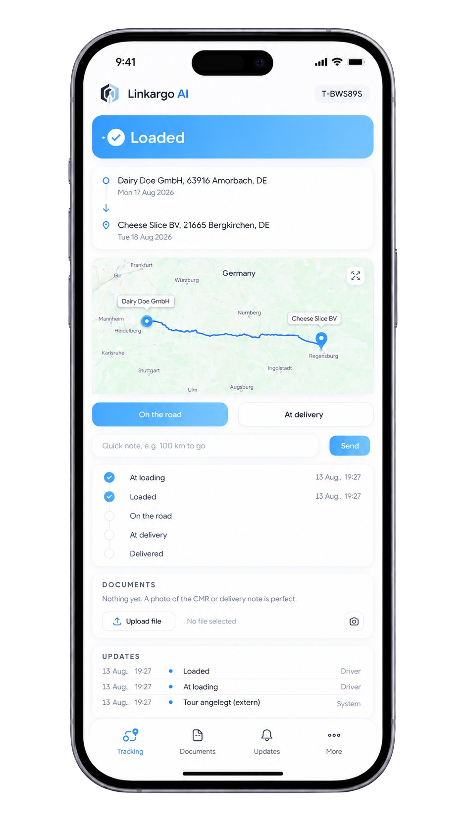 The Linkargo tour tracking page on a phone: status Loaded, the route on a map, milestones, documents and updates.